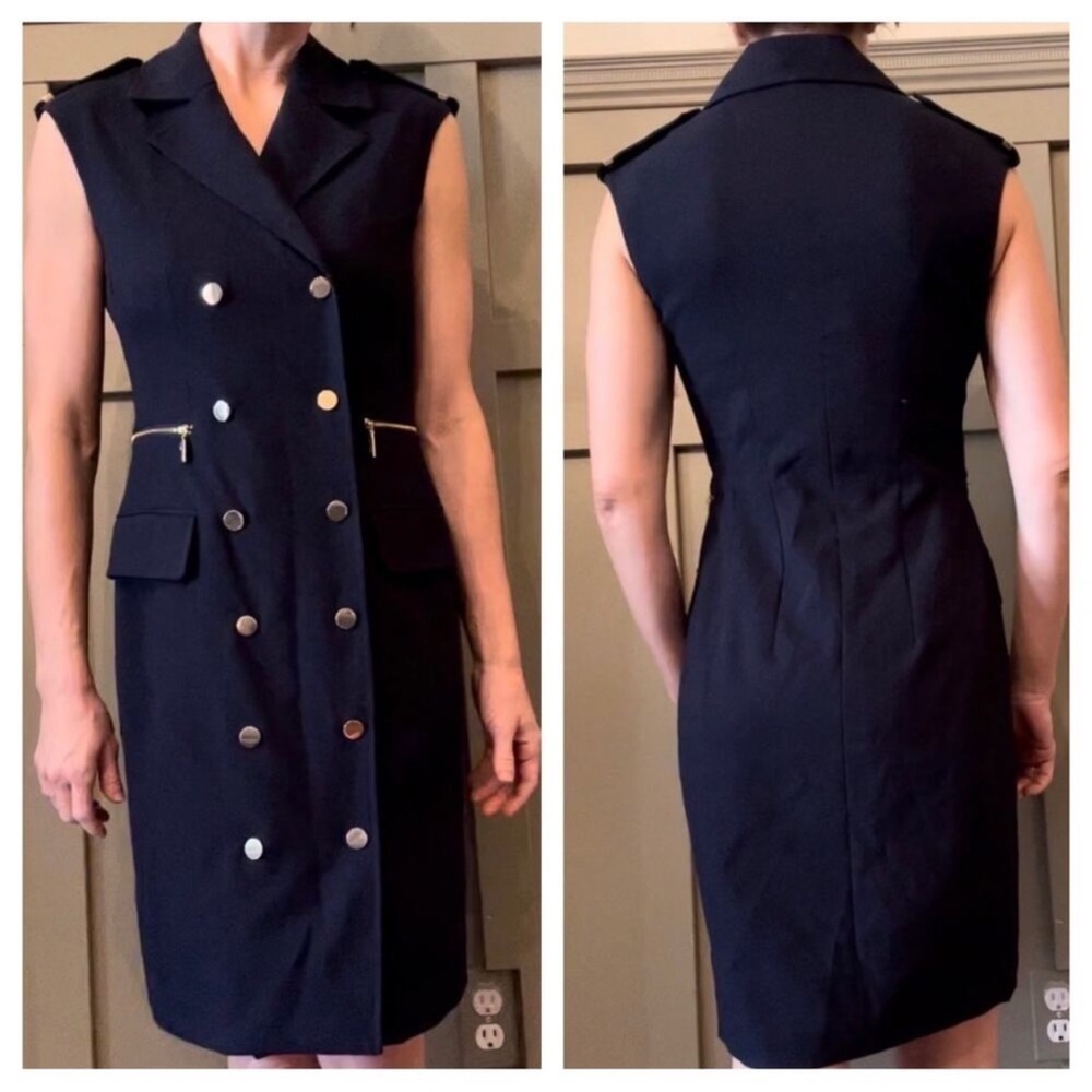 Calvin Klein Navy Gold Button Sleeveless Sheath Dress